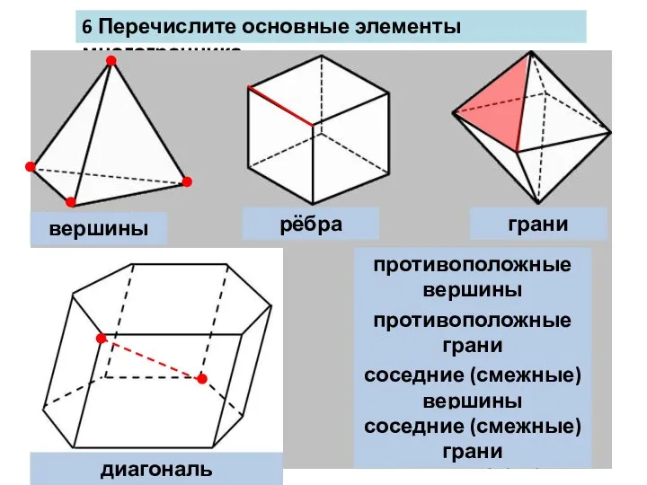 6 Перечислите основные элементы многогранника. вершины рёбра грани диагональ противоположные вершины
