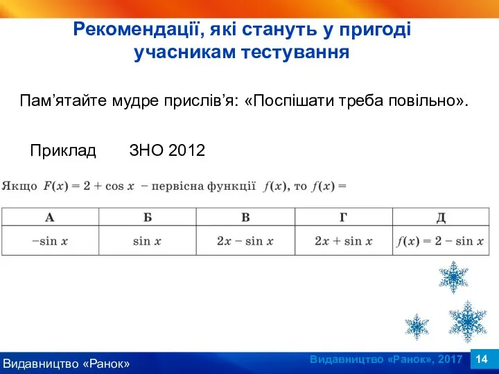 Видавництво «Ранок», 2017 Пам’ятайте мудре прислів’я: «Поспішати треба повільно». Приклад ЗНО