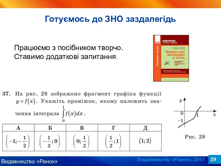 Видавництво «Ранок», 2017 Працюємо з посібником творчо. Ставимо додаткові запитання. Готуємось до ЗНО заздалегідь