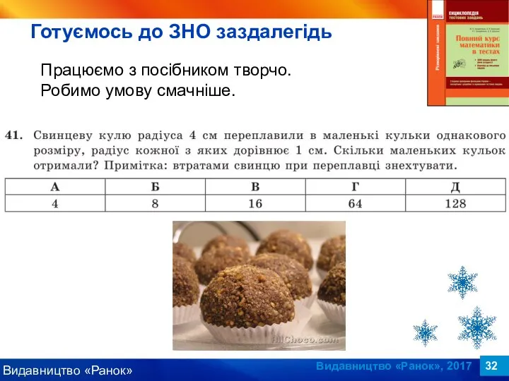 Видавництво «Ранок», 2017 Працюємо з посібником творчо. Робимо умову смачніше. Готуємось до ЗНО заздалегідь