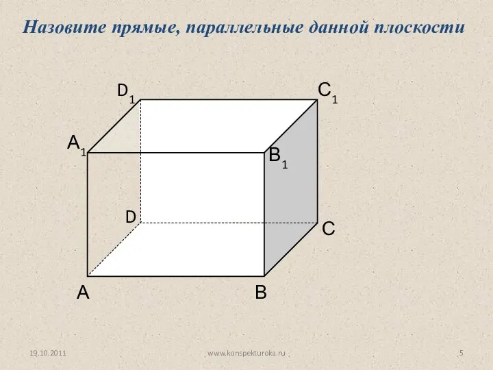 А В С D D1 С1 В1 А1 Назовите прямые, параллельные данной плоскости 19.10.2011 www.konspekturoka.ru