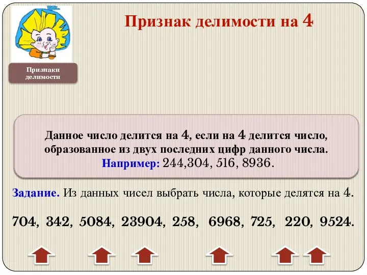 Признаки делимости Признак делимости на 4 Задание. Из данных чисел выбрать