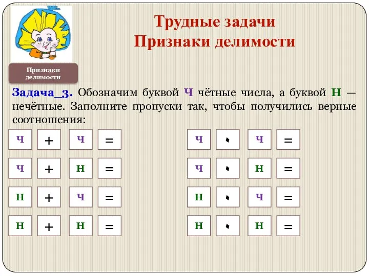 Признаки делимости Трудные задачи Признаки делимости Задача_3. Обозначим буквой Ч чётные