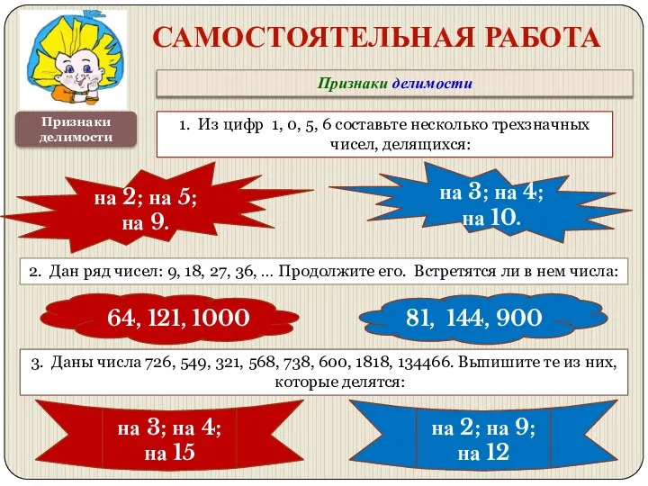 Признаки делимости САМОСТОЯТЕЛЬНАЯ РАБОТА Признаки делимости 1. Из цифр 1, 0,