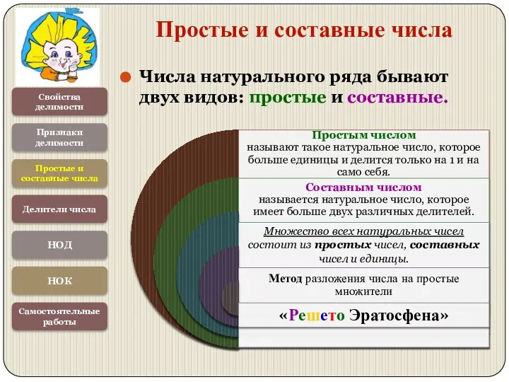 Числа натурального ряда бывают двух видов: простые и составные. Свойства делимости