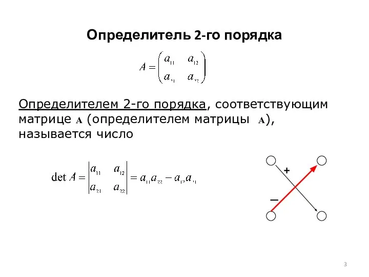 Определитель 2-го порядка Определителем 2-го порядка, соответствующим матрице A (определителем матрицы А), называется число