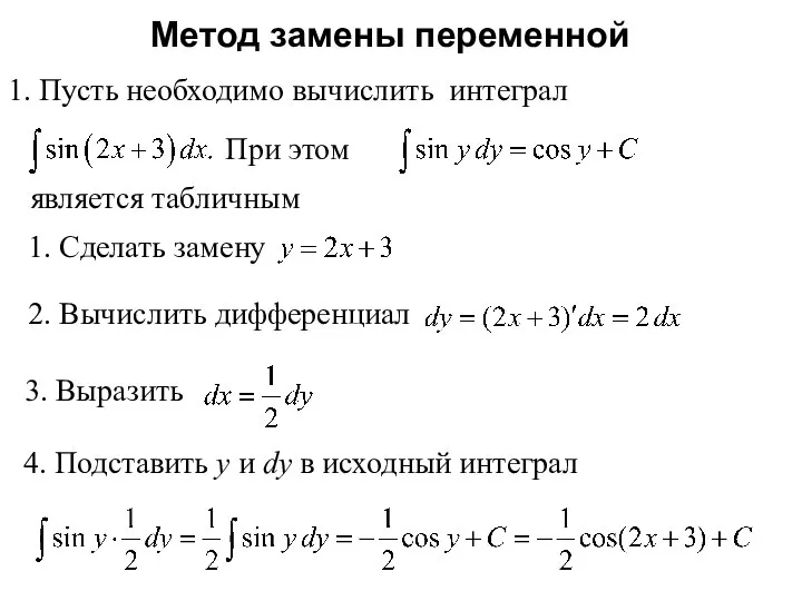 Метод замены переменной 1. Пусть необходимо вычислить интеграл 1. Сделать замену