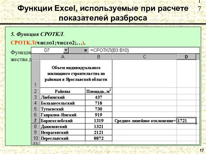 17 Функции Excel, используемые при расчете показателей разброса 5. Функция СРОТКЛ.