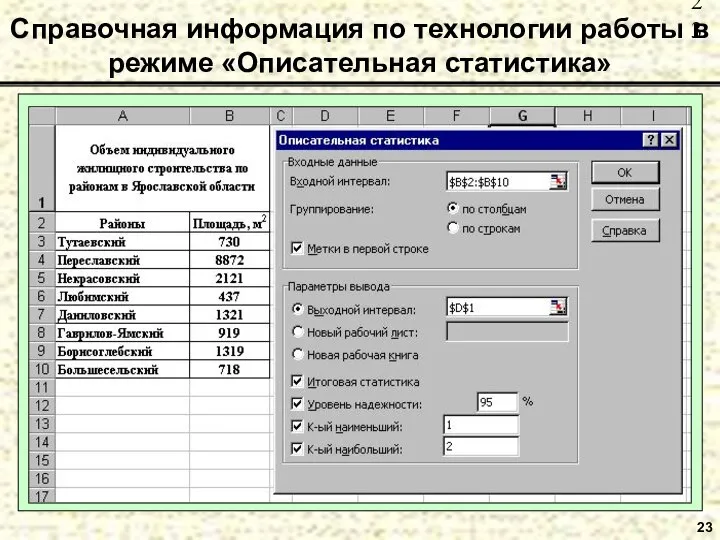 23 Справочная информация по технологии работы в режиме «Описательная статистика»