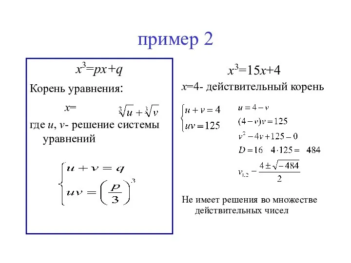 пример 2 x3=15x+4 х=4- действительный корень Не имеет решения во множестве