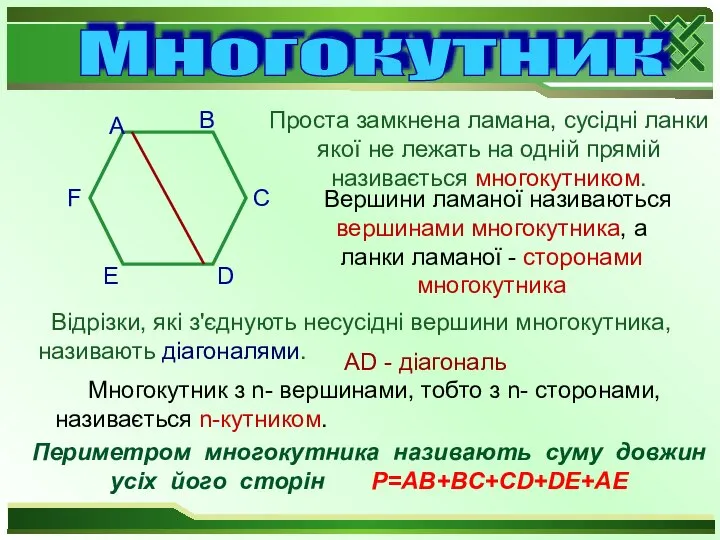 Вершини ламаної називаються вершинами многокутника, а ланки ламаної - сторонами многокутника