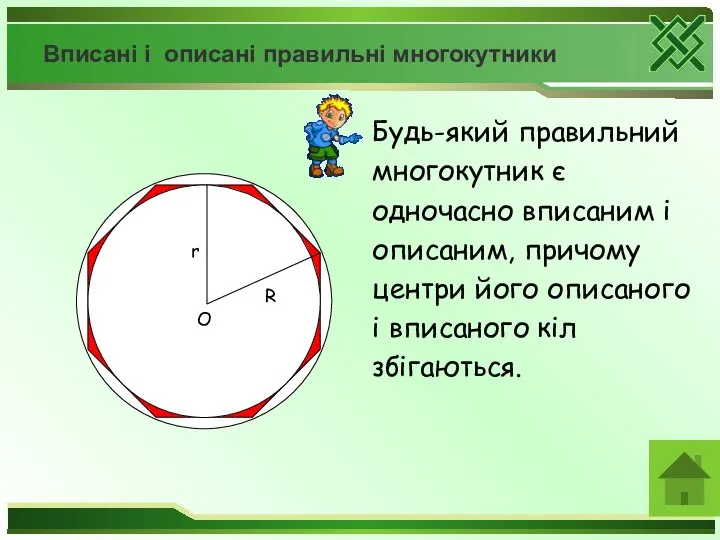 Вписані і описані правильні многокутники Будь-який правильний многокутник є одночасно вписаним