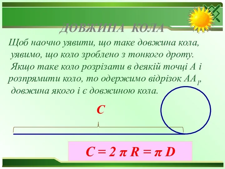 ДОВЖИНА КОЛА Щоб наочно уявити, що таке довжина кола, уявимо, що