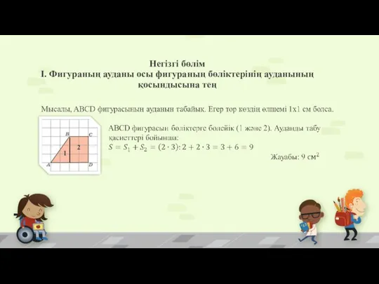 Негізгі бөлім І. Фигураның ауданы осы фигураның бөліктерінің ауданының қосындысына тең 2 1