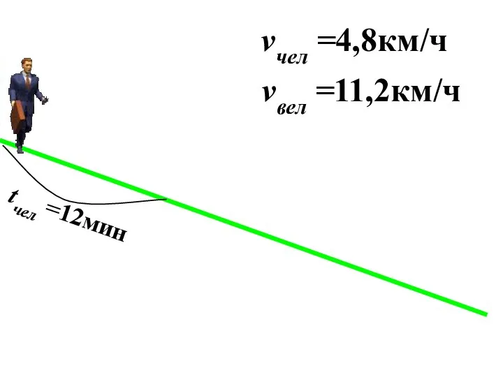 vчел =4,8км/ч vвел =11,2км/ч tчел =12мин