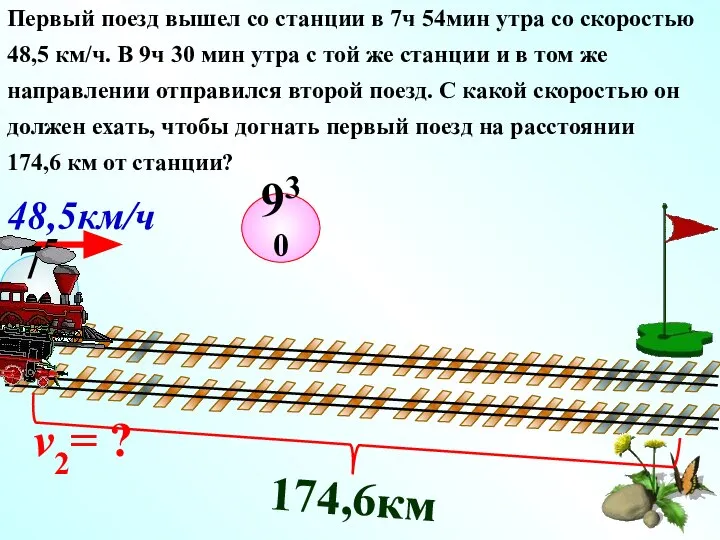 754 v2= ? 48,5км/ч 930 Первый поезд вышел со станции в