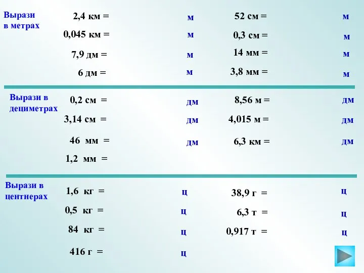 2,4 км = Вырази в метрах Вырази в дециметрах Вырази в
