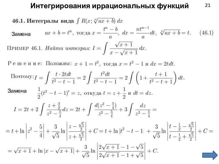 Интегрирования иррациональных функций Замена 21 Замена