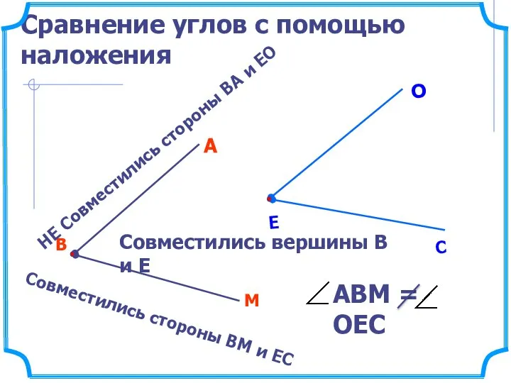 Сравнение углов с помощью наложения В М А Совместились вершины В