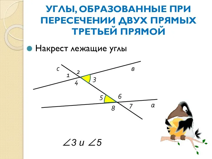 УГЛЫ, ОБРАЗОВАННЫЕ ПРИ ПЕРЕСЕЧЕНИИ ДВУХ ПРЯМЫХ ТРЕТЬЕЙ ПРЯМОЙ Накрест лежащие углы