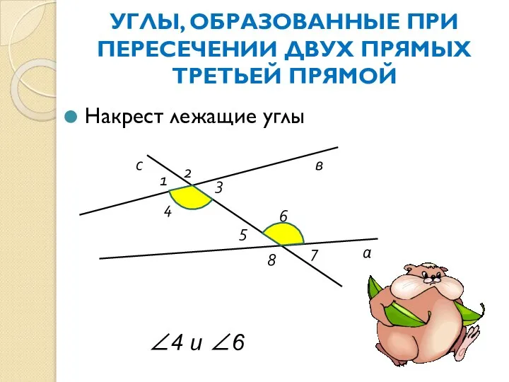 УГЛЫ, ОБРАЗОВАННЫЕ ПРИ ПЕРЕСЕЧЕНИИ ДВУХ ПРЯМЫХ ТРЕТЬЕЙ ПРЯМОЙ Накрест лежащие углы