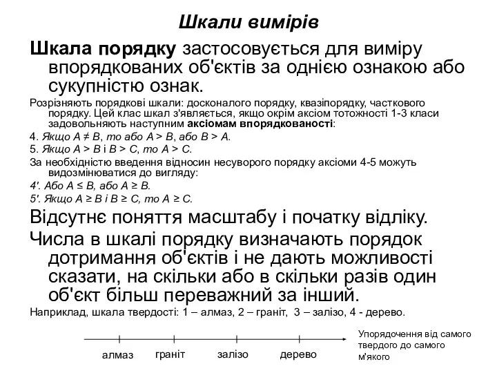 Шкали вимірів Шкала порядку застосовується для виміру впорядкованих об'єктів за однією