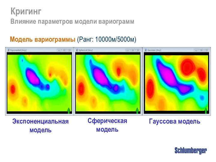 Экспоненциальная модель Сферическая модель Гауссова модель Модель вариограммы (Ранг: 10000м/5000м) Кригинг Влияние параметров модели вариограмм