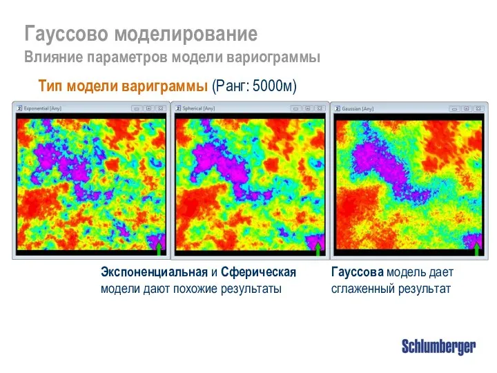 Экспоненциальная и Сферическая модели дают похожие результаты Гауссова модель дает сглаженный