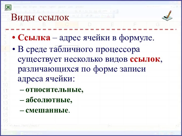 Виды ссылок Ссылка – адрес ячейки в формуле. В среде табличного