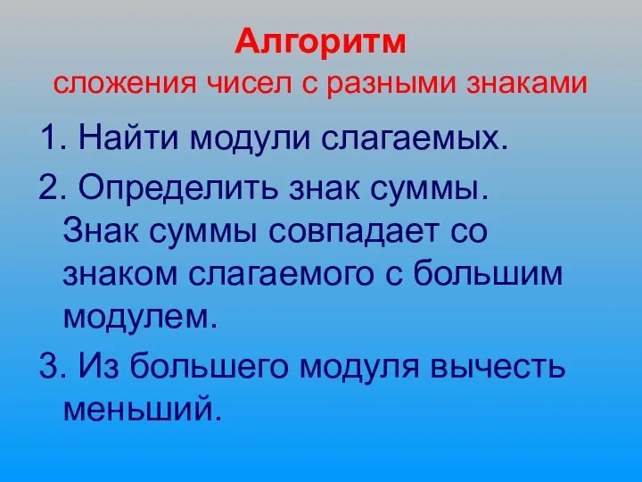 Алгоритм сложения чисел с разными знаками 1. Найти модули слагаемых. 2.