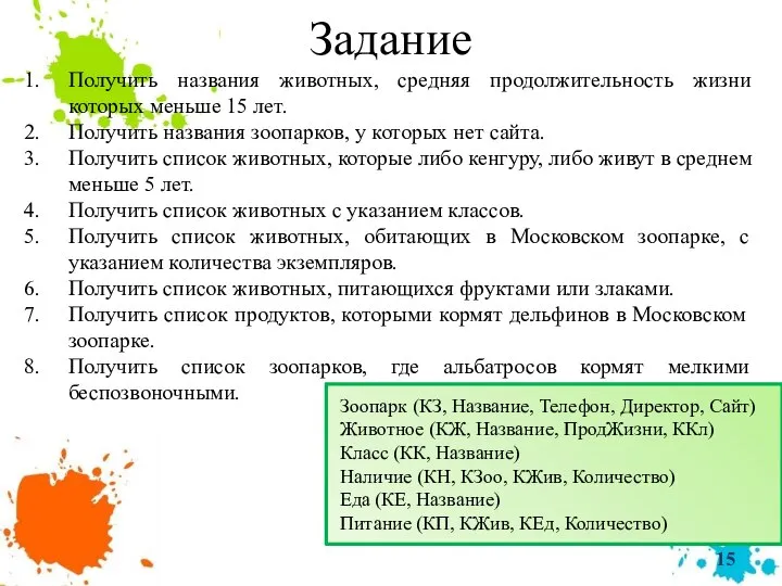 Задание Получить названия животных, средняя продолжительность жизни которых меньше 15 лет.