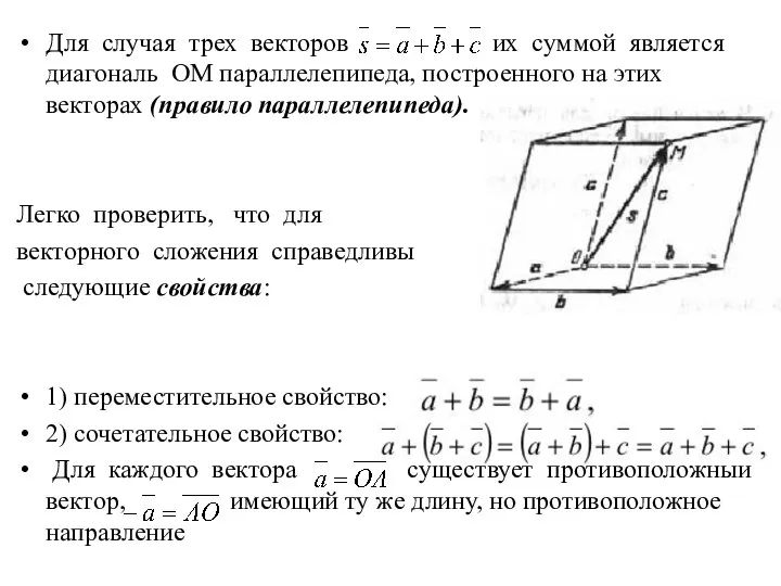 Для случая трех векторов их суммой является диагональ ОМ параллелепипеда, построенного