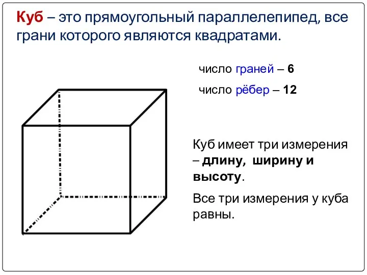 Куб – это прямоугольный параллелепипед, все грани которого являются квадратами. число