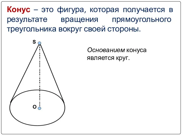 Конус – это фигура, которая получается в результате вращения прямоугольного треугольника