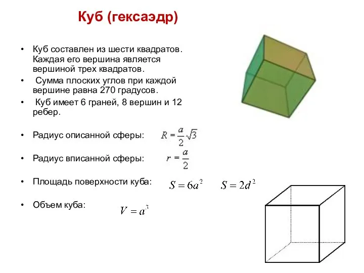 Куб (гексаэдр) Куб составлен из шести квадратов. Каждая его вершина является