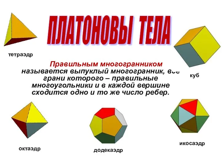 Правильным многогранником называется выпуклый многогранник, все грани которого – правильные многоугольники