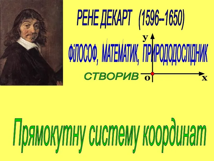 РЕНЕ ДЕКАРТ (1596--1650) ФіЛОСОФ, МАТЕМАТИК, ПРИРОДОДОСЛІДНИК Прямокутну систему координат СТВОРИВ х о у