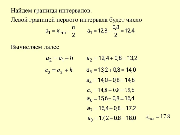 Найдем границы интервалов. Левой границей первого интервала будет число Вычисляем далее