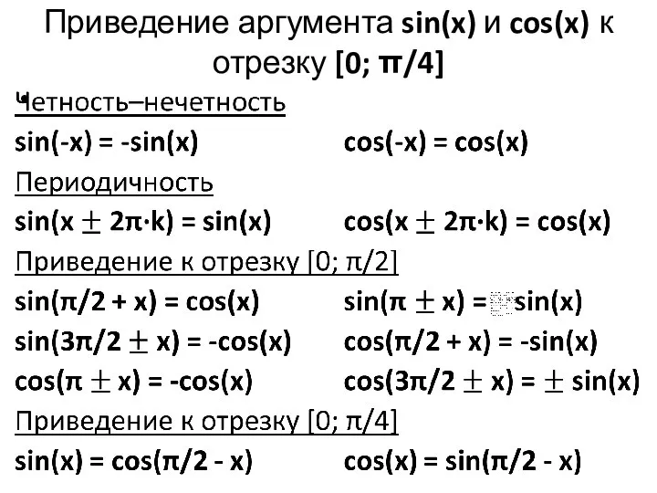 Приведение аргумента sin(x) и cos(x) к отрезку [0; π/4]