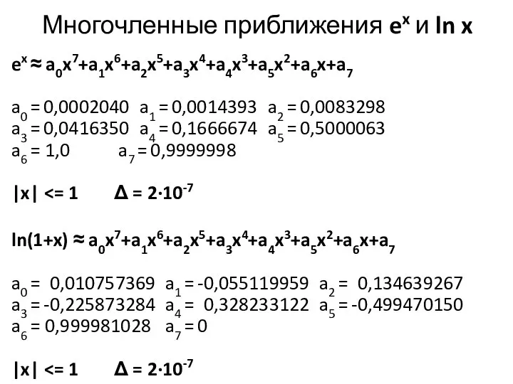 Многочленные приближения ex и ln x ex ≈ a0x7+a1x6+a2x5+a3x4+a4x3+a5x2+a6x+a7 a0 =