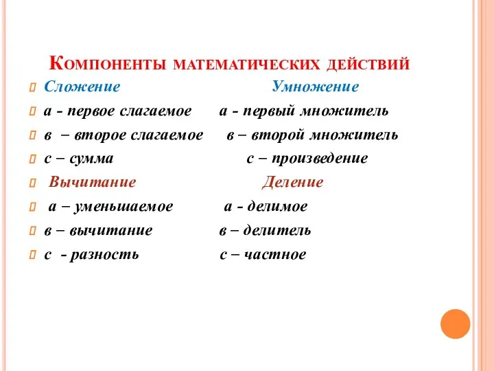 Компоненты математических действий Сложение Умножение а - первое слагаемое а -