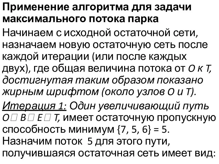 Применение алгоритма для задачи максимального потока парка Начинаем с исходной остаточной