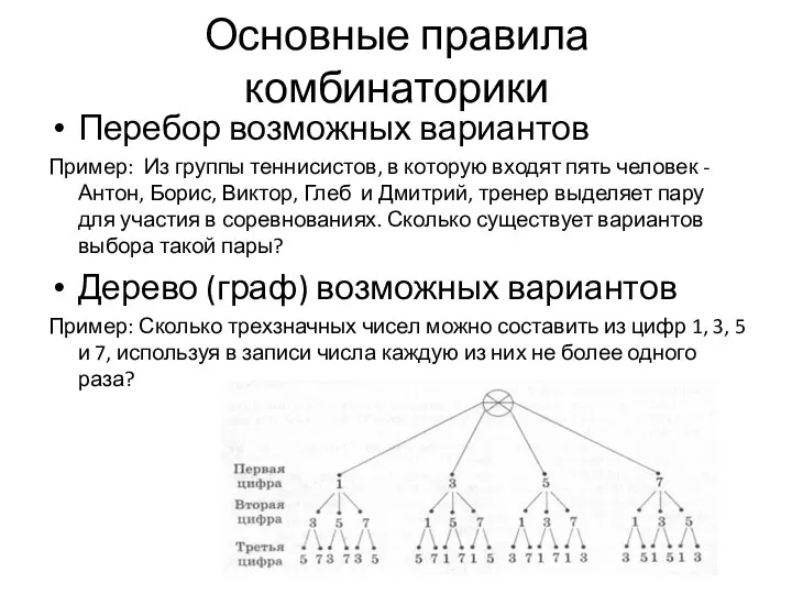 Основные правила комбинаторики Перебор возможных вариантов Пример: Из группы теннисистов, в