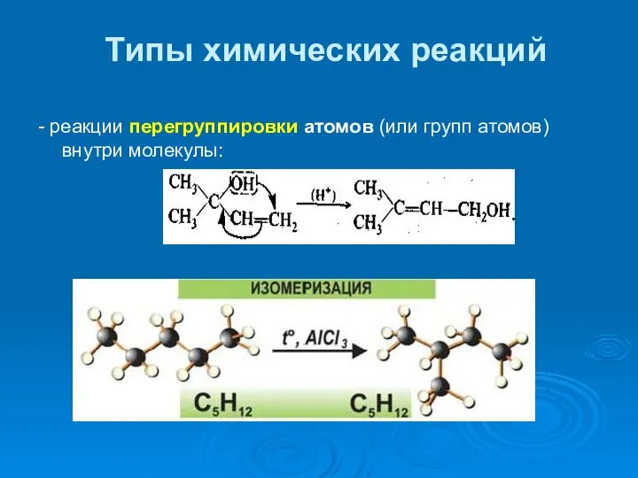 Типы химических реакций - реакции перегруппировки атомов (или групп атомов) внутри молекулы: