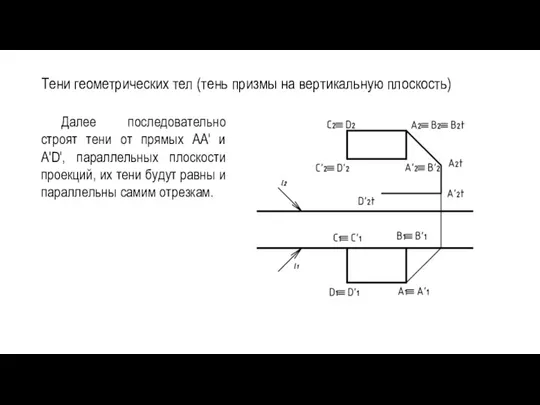 Тени геометрических тел (тень призмы на вертикальную плоскость) Далее последовательно строят