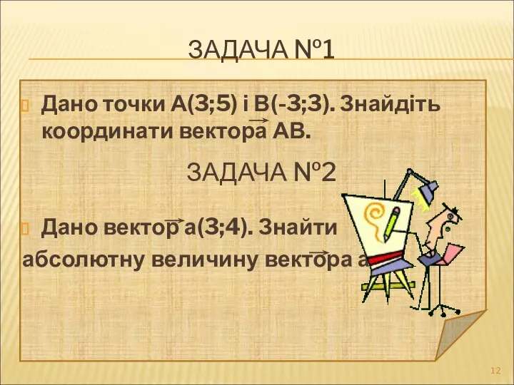 ЗАДАЧА №1 Дано точки А(3;5) і В(-3;3). Знайдіть координати вектора АВ.