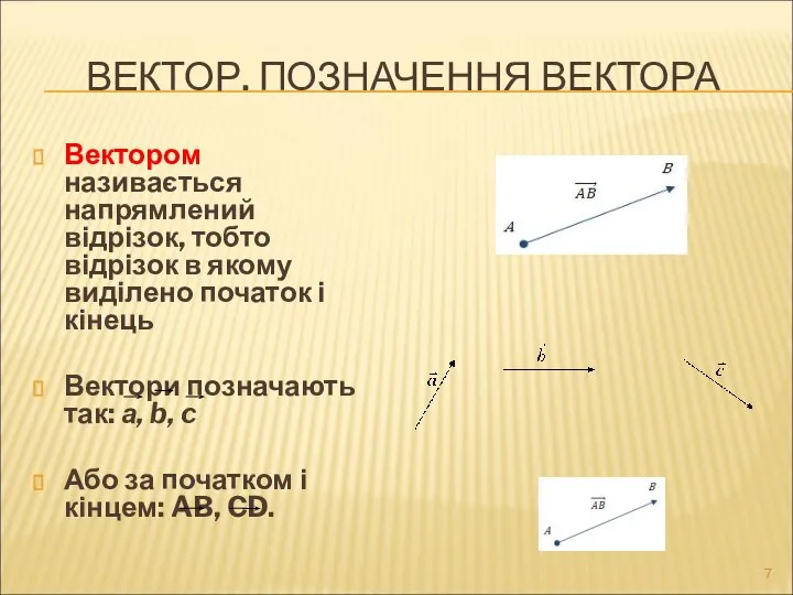 ВЕКТОР. ПОЗНАЧЕННЯ ВЕКТОРА Вектором називається напрямлений відрізок, тобто відрізок в якому