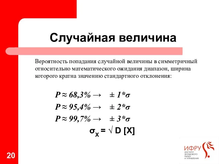 Случайная величина Вероятность попадания случайной величины в симметричный относительно математического ожидания