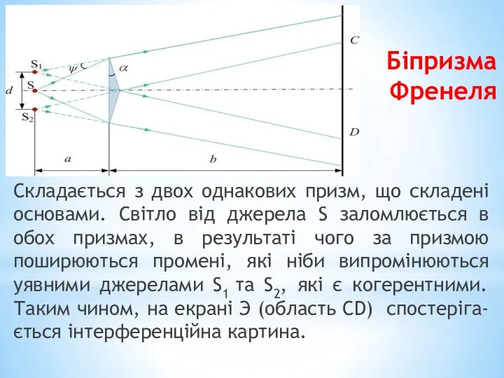 Біпризма Френеля Складається з двох однакових призм, що складені основами. Світло