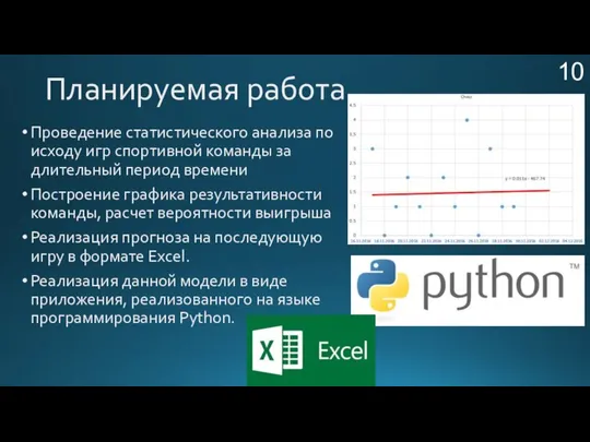 10 Планируемая работа Проведение статистического анализа по исходу игр спортивной команды